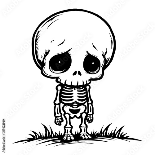 Cute Chibi Kawaii Skeleton Sad Pose Standing on Grass Black and White Outline Line Art Drawing