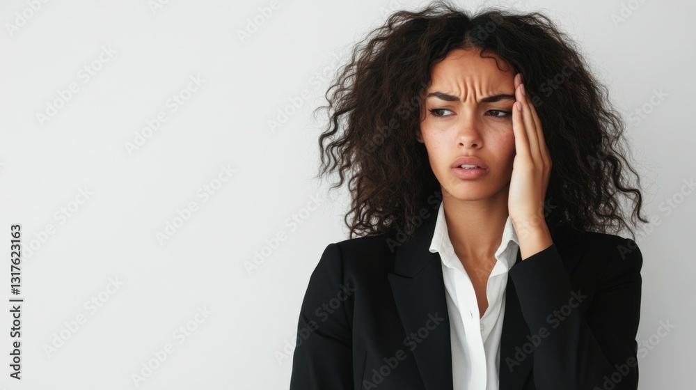 What have I done! Beautiful young businesswoman looking frustrated and keeping head in hands while standing against white background What have I done! Beautiful young businesswoman looking frustrated and keeping head in hands while standing against white background
