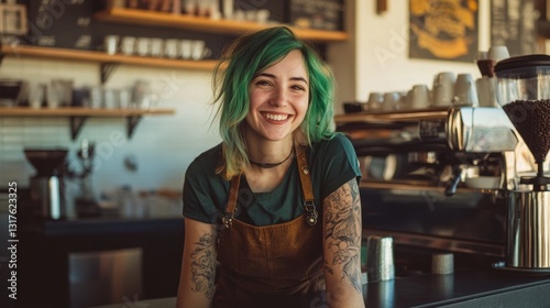 Smiling barista with green hair working at coffee shop. Young barista with tattoos and green hair smiling behind the counter of her coffee shop