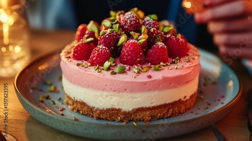 Wallpaper Mural Raspberry Pistachio Delight: A mouthwatering dessert features layers of creamy textures, topped with fresh raspberries and a sprinkle of pistachios. This sweet treat is served on a stylish plate. Torontodigital.ca