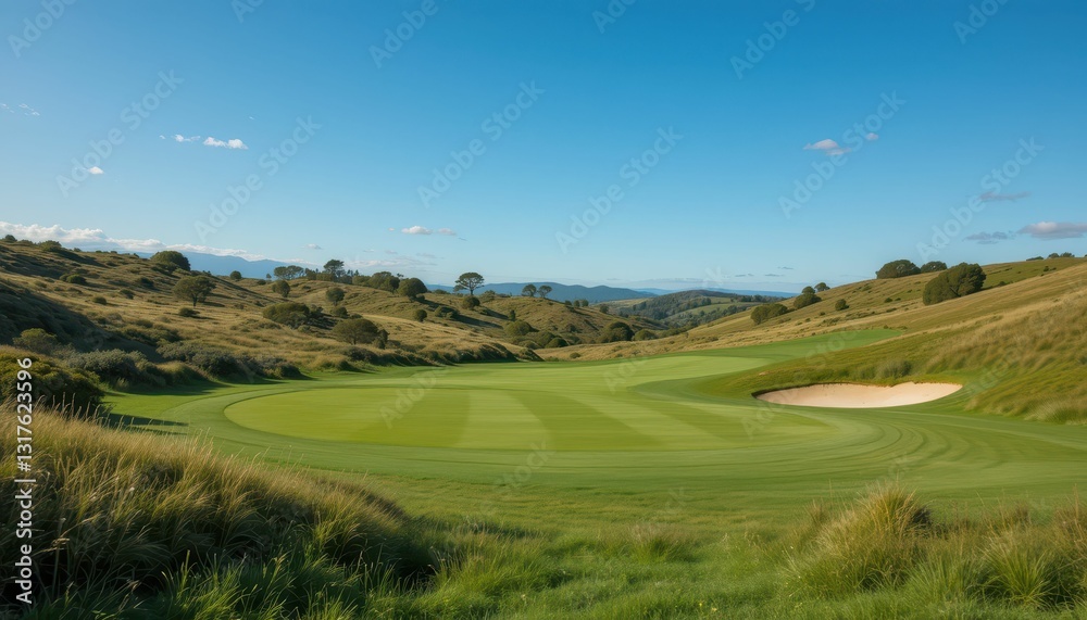 Serene Golf Course Landscape Under Clear Blue Sky with Rolling Hills Serene Golf Course Landscape Under Clear Blue Sky with Rolling Hills