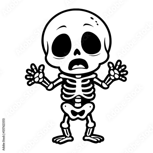 Cute Chibi Kawaii Skeleton Shocked Pose Front View Detailed Black and White Outline Line Art Drawing