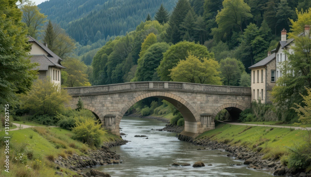 Scenic Stone Bridge Over Serene River Surrounded by Lush Nature
