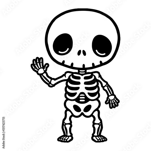 Cute Chibi Kawaii Skeleton Waving Hand Cartoon Character in Black and White Outline Line Art Drawing