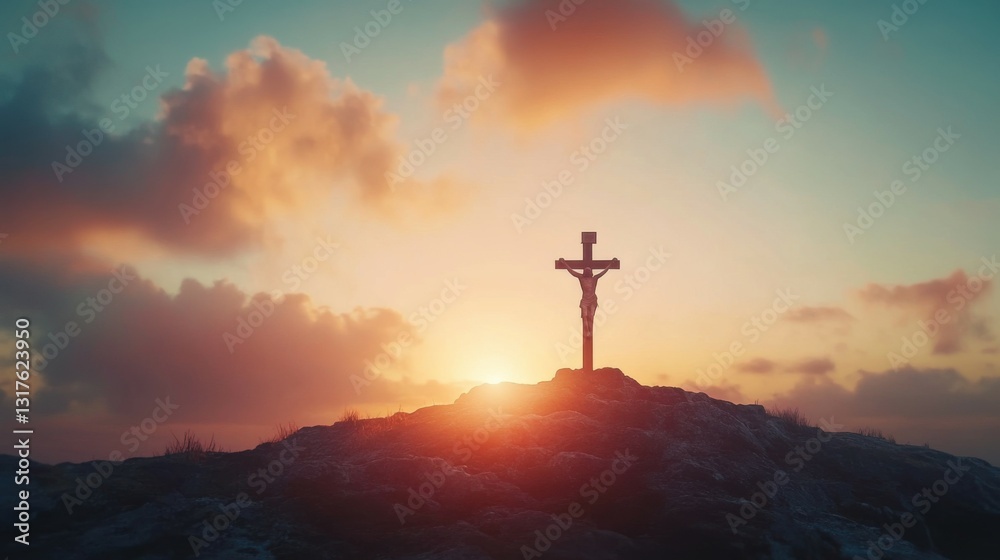 Silhouette jesus christ crucifix on cross on calvary sunset background concept for good friday he is risen in easter day, good friday worship in God, Christian praying in holy spirit religious Silhouette jesus christ crucifix on cross on calvary sunset background concept for good friday he is risen in easter day, good friday worship in God, Christian praying in holy spirit religious