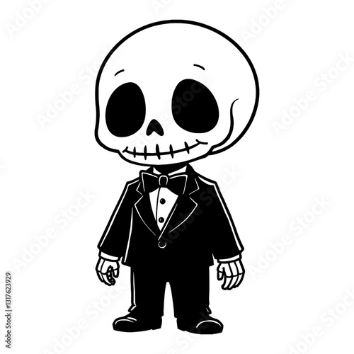 Cute Chibi Kawaii Skeleton Wearing Tuxedo Detailed Costume Black and White Outline Line Art Drawing