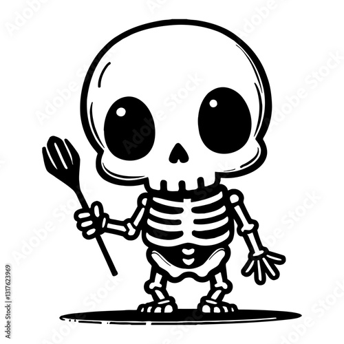 Cute Chibi Kawaii Skeleton Holding Fork Black and White Outline Line Art Drawing Detailed Style