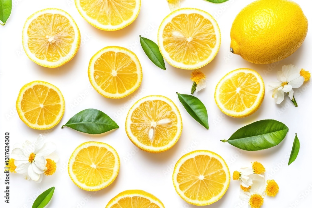 Fresh lemon with slices and flower with green leaf isolated on white background. Lemon pattern concept , clipping path. Fresh lemon with slices and flower with green leaf isolated on white background. Lemon pattern concept , clipping path.