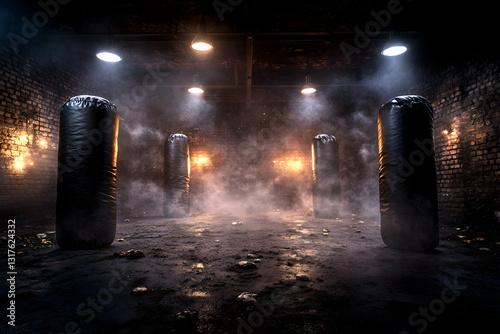 Dark boxing gym with four heavy bags and smoky atmosphere