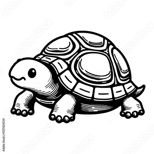 Cute Chibi Kawaii Tortoise Turtle with Detailed Line Art Drawing in Black and White Outline