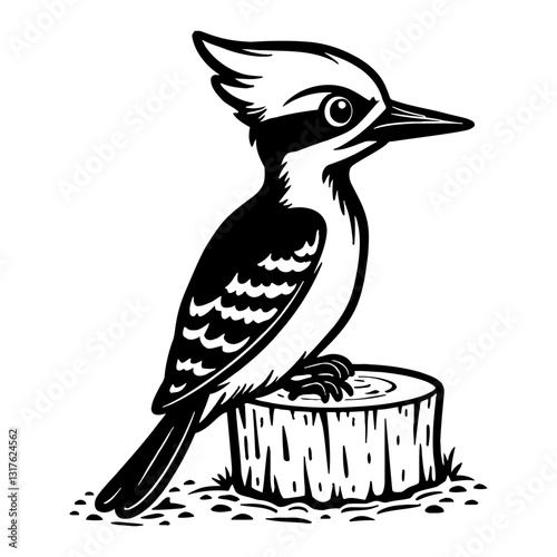 Cute Chibi Kawaii Woodpecker Bird Perched on Tree Stump Detailed Black and White Outline Line Art Drawing