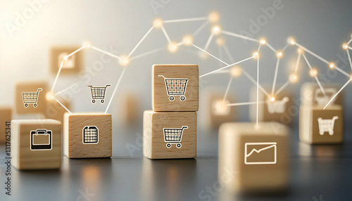 Online shopping symbols engraved on wooden blocks, representing payment options, shopping carts, and delivery status, connected by subtle glowing lines on a minimal light-colored background