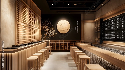 a serene and minimalist japanese restaurant with wood design and zen atmosphere