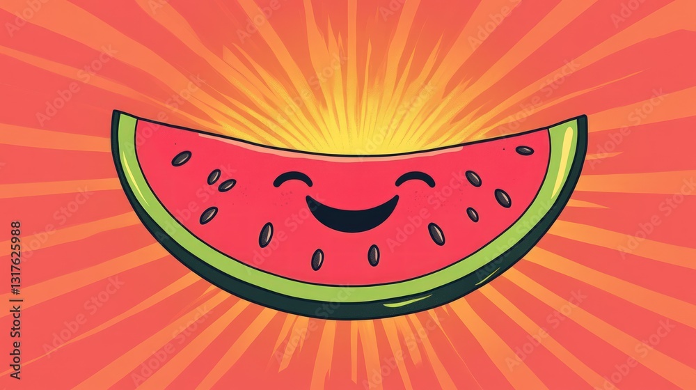 A cheerful watermelon slice featuring a cartoonish smiley face radiates happiness against a bright yellow and orange sunburst background, showcasing vibrant red flesh and green rind, invoking A cheerful watermelon slice featuring a cartoonish smiley face radiates happiness against a bright yellow and orange sunburst background, showcasing vibrant red flesh and green rind, invoking