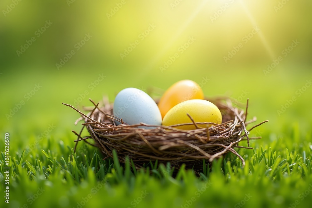 Colorful Easter Eggs in a Bird Nest on Green Grass Background Colorful Easter Eggs in a Bird Nest on Green Grass Background
