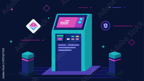Future Technology A futuristic design of a cryptocurrency ATM with holographic displays and touchless technology showcasing the evolution of the machines.