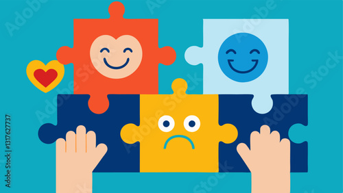 Puzzle Pieces Hands putting together puzzle pieces each labeled with different emotions joy fear frustration compassion representing the complexity of understanding emotions.