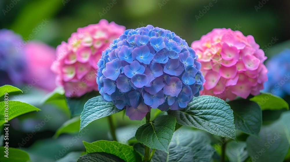 Blue, pink and purple hydrangeas blooming in garden Blue, pink and purple hydrangeas blooming in garden