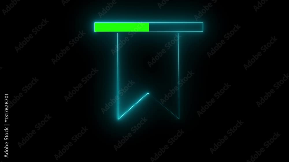 Neon glowing bookmark save icon. and loading animation on black background.