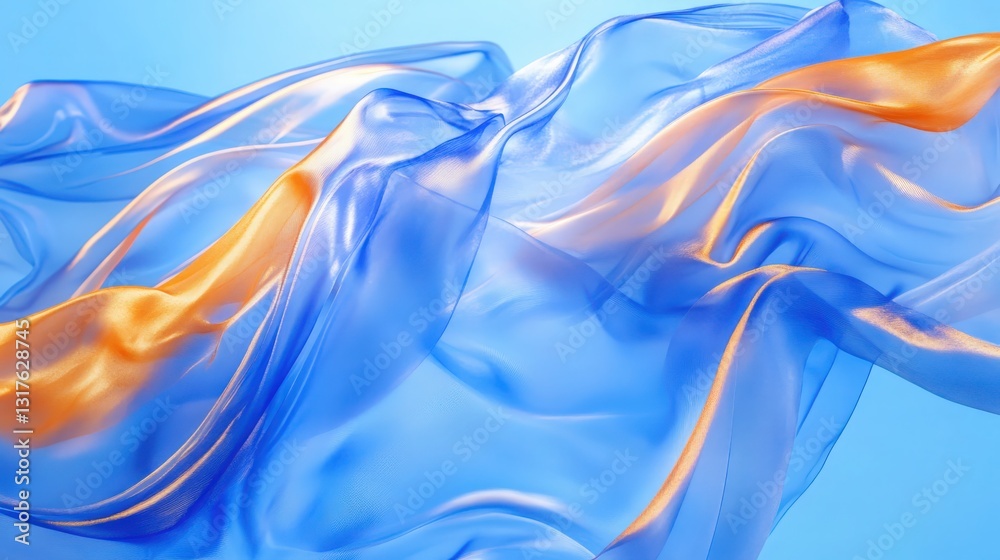 Obraz premium Elegant Blue and Gold Silk Fabric Draped in a Flowing Design, Symbolizing Luxury and Sophistication. Perfect for Fashion Websites, Textile Designs, and Beauty Product Ads.