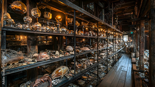 Curiosities collection displayed on shelves in an antique shop; background shows wooden flooring and beams.  Use website, blog, magazine