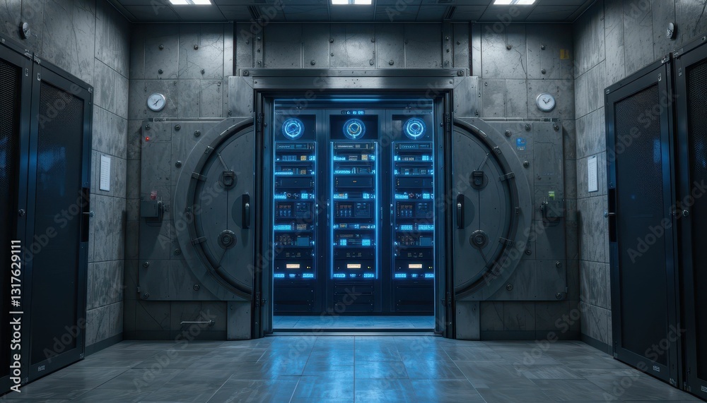 High-Tech Server Room with Security Doors and Neon Lights High-Tech Server Room with Security Doors and Neon Lights
