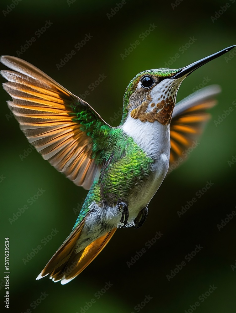 Fototapeta premium Beautiful hummingbird hovering with spread wings in the rainforest
