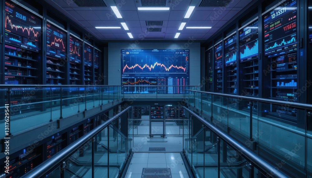 Fototapeta premium Modern Data Center with Digital Screens and Financial Graphs Analysis