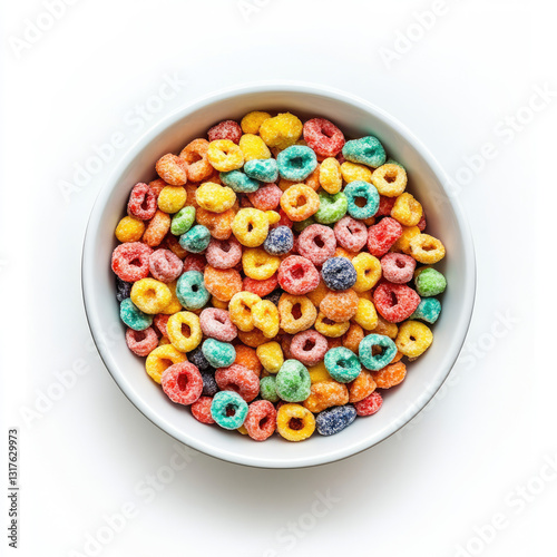 Overhead view of a white bowl filled with colorful frosted loop cereal on white background