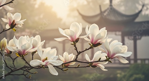Blooming Magnolia Flowers with Asian Architecture in Soft Morning Light