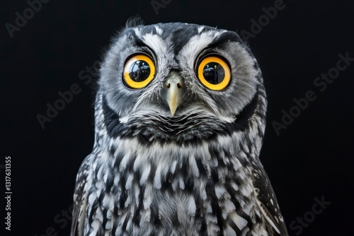 Close-up of an Owl with Striking Yellow Eyes on Black Background