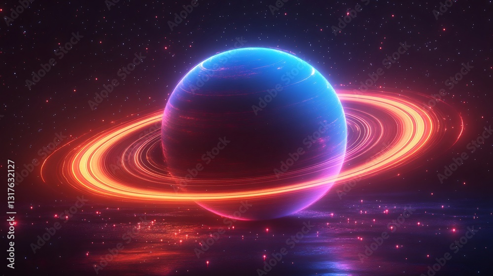 Obraz premium Glowing blue planet with orange rings orbiting in deep space