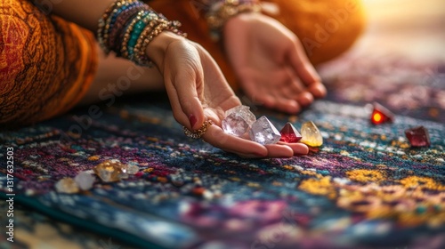 Woman Holding Crystals with Colorful Textile Background in Soft Light