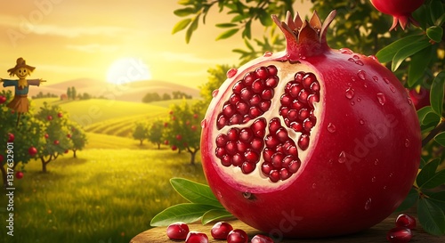 Sliced Pomegranate Displayed Near Orchard at Sunset in Summer