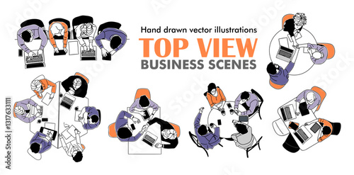 Team work business concept top view illustrations. Business scenes of men and women working together overhead view. Modern vector simple outline drawings Isolated on transparent background.