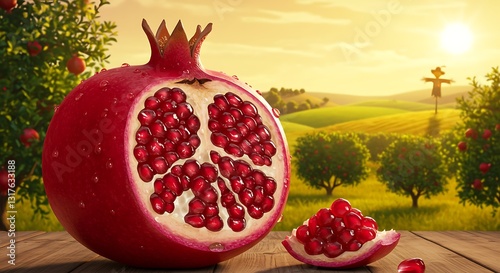 Cut Pomegranate on Wooden Table with Farm Field Background