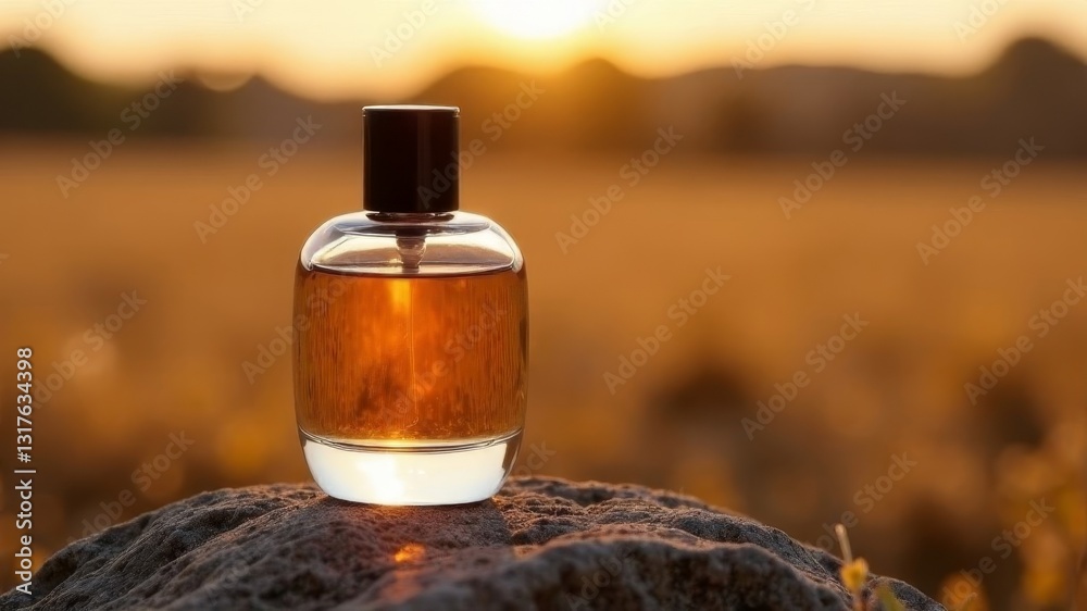 Fototapeta premium expensive perfume stands on a stone at sunset