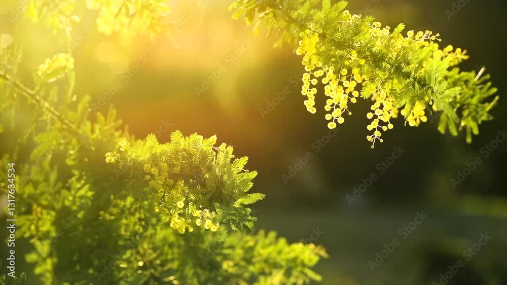 Mimosa spring flowers nature background, Easter backdrop. Blooming mimosa tree over sunset sky. Yellow flower border art design with sun. Slow motion. Mimosa spring flowers nature background, Easter backdrop. Blooming mimosa tree over sunset sky. Yellow flower border art design with sun. Slow motion.