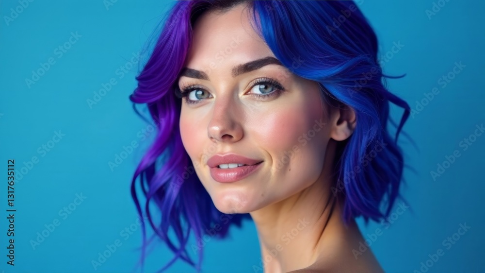 Fototapeta premium portrait of a girl with blue hair on a blue background