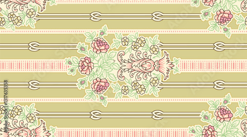 Floral textile pattern with pink roses and green foliage on a striped background, for textile, wallpaper, gift wrapping.
