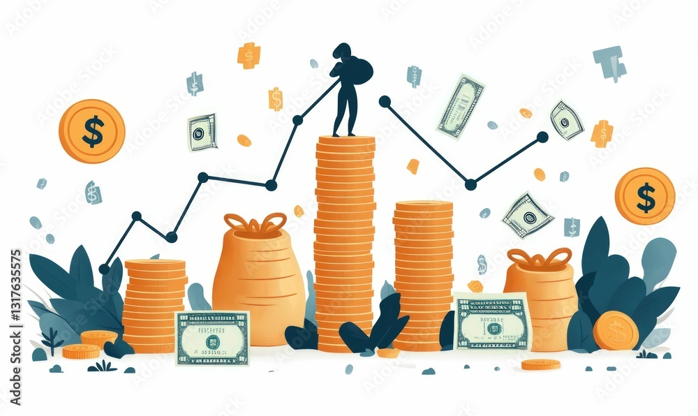 Naklejka premium Figure climbs growing stacks of coins money growth
