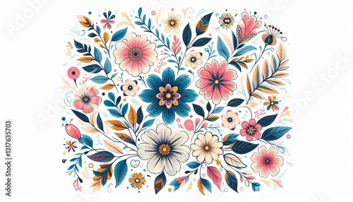 Ein nahtloses, dekoratives Blumenmuster mit detailreichen Blüten in Blau, Orange und Rosatönen auf weißem Hintergrund. Verspielt, elegant und farbenfroh. Generative KI.