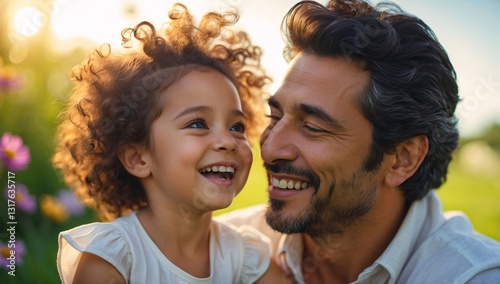 Father and Daughter Sharing Joyful Moment in Nature During Sunset with Flowers in Background photo