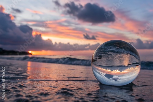  Crystal Ball Reflecting Beautiful Sunset Over Ocean Shore photo