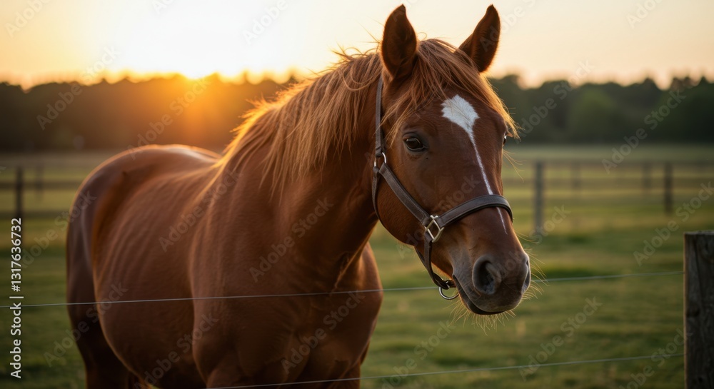 Fototapeta premium Brown Horse Near Fence at Sunset