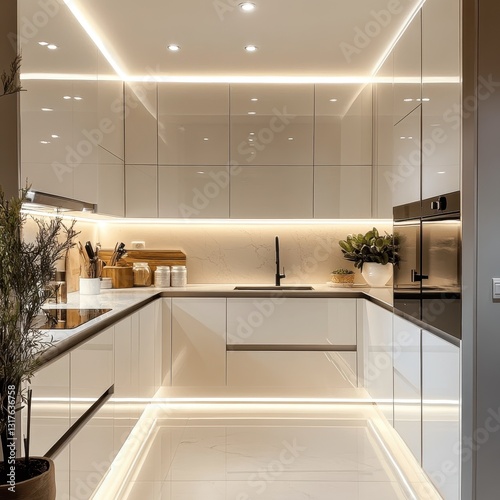 A modern stylish kitchen with bright lights and white cabinetry