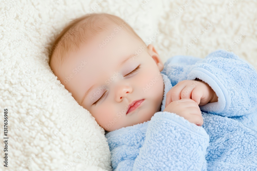 Tender Child Sleeping Peacefully on Soft Blanket in Light Blue Pajamas Tender Child Sleeping Peacefully on Soft Blanket in Light Blue Pajamas