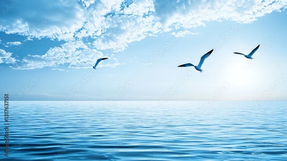 Fototapeta premium Three Birds Flying Over a Calm Blue Ocean Under a Cloudy Sky