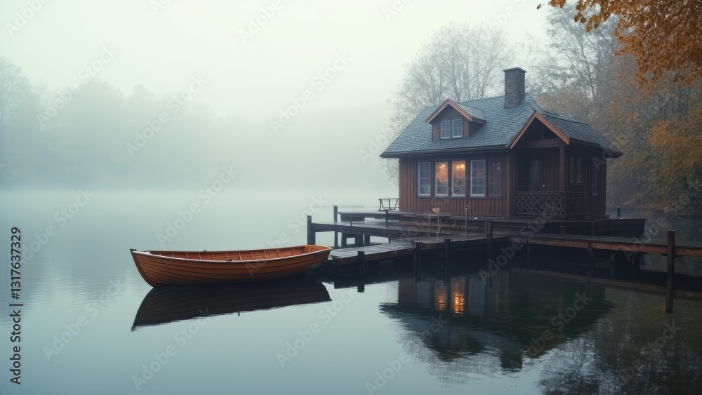Fototapeta premium Idyllic Lakeside Cabin Retreat with a Private Dock Surrounded by Misty Waters