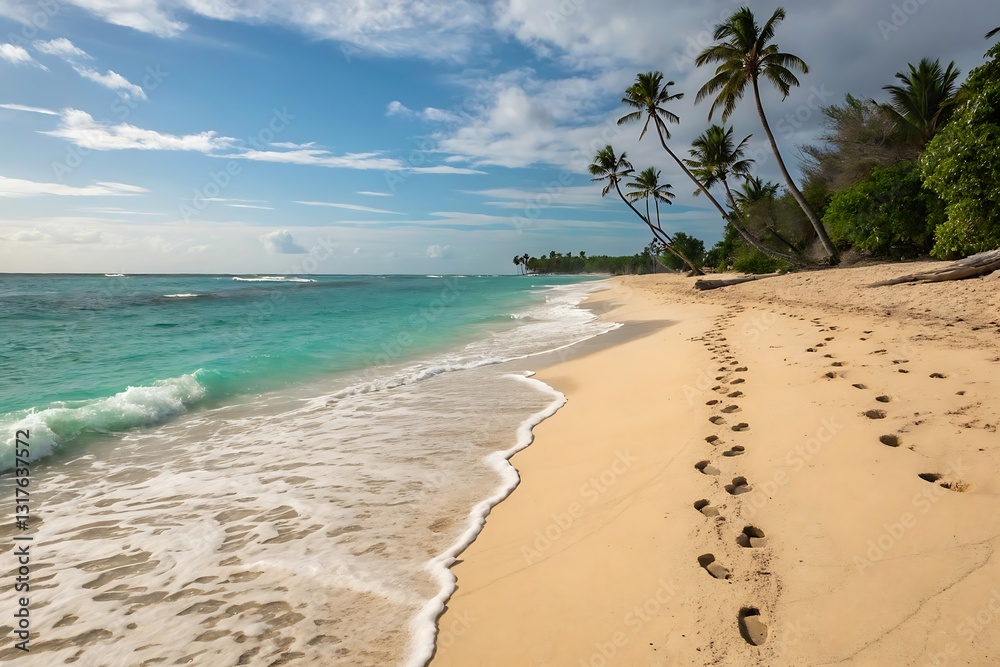 Tranquil Beach with Footprints in the Sand and Palm Trees Tranquil Beach with Footprints in the Sand and Palm Trees